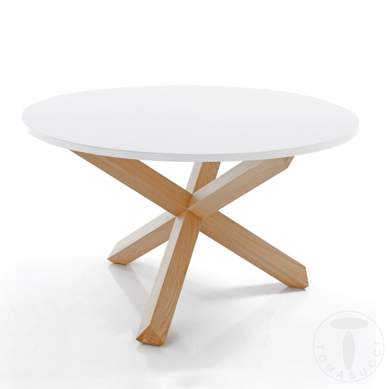 Tavolo tondo fisso gambe incrociate in legno massello piano colore bianco cm Ø 120x75h