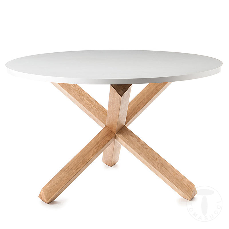 Tavolo tondo fisso gambe incrociate in legno massello piano colore bianco cm Ø 120x75h
