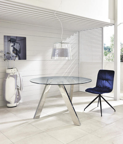 tavolo tondo design piano in vetro gambe in metallo lucido