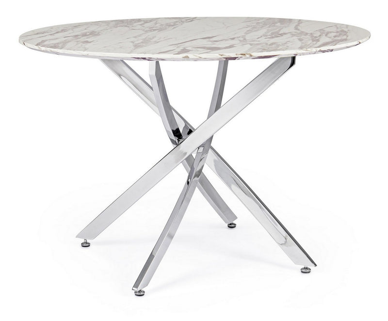 Tavolo tondo fisso base in acciaio cromato piano in legno effetto marmo cm Ø 110x75h