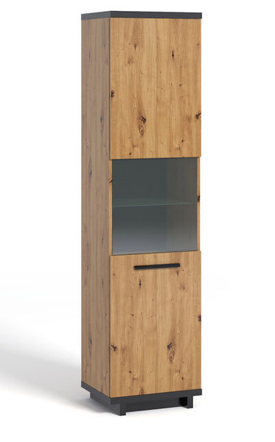 Amodia - Mobile a colonna con vetrinetta stile industrial in legno naturale e nero cm 50x40x200h