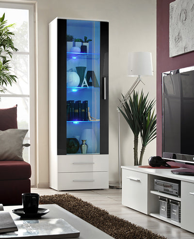 Vetrinetta moderna per soggiorno con cassetti e ripiani in vetro con luci a led cm 60x40x190h - vari colori