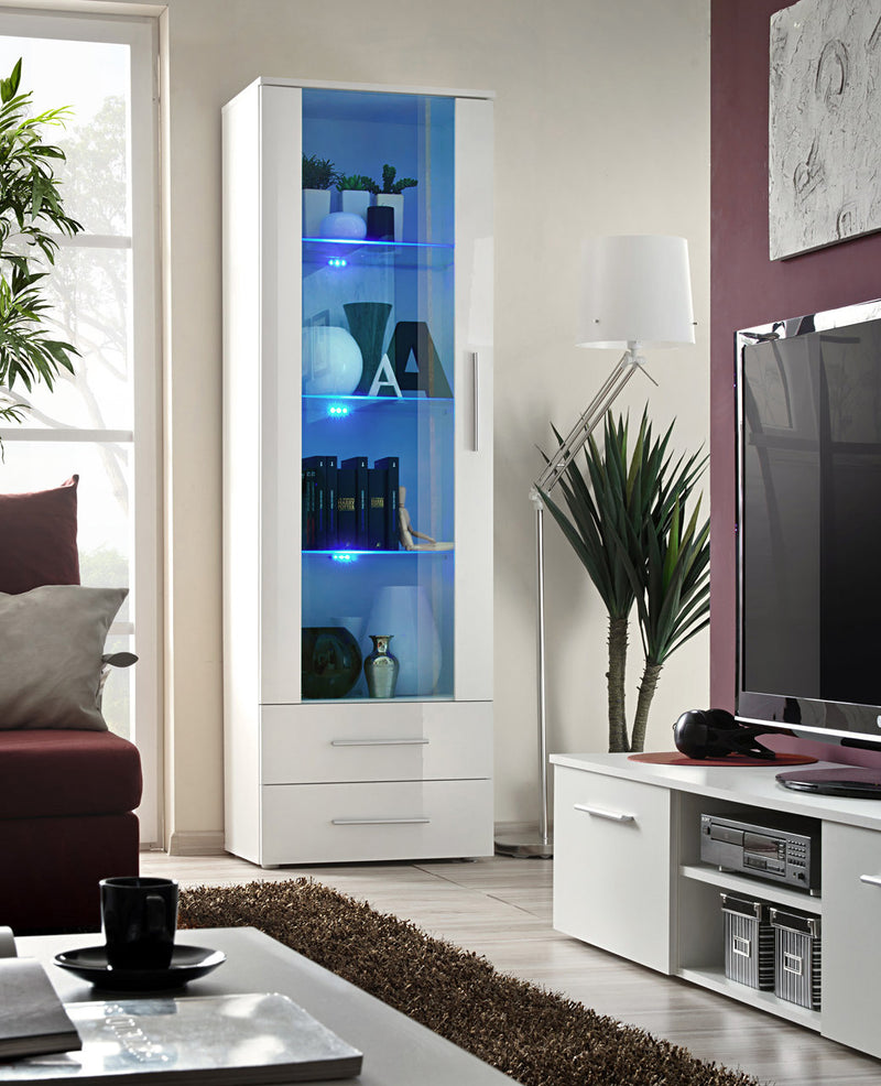 Vetrinetta moderna per soggiorno con cassetti e ripiani in vetro con luci a led cm 60x40x190h - vari colori
