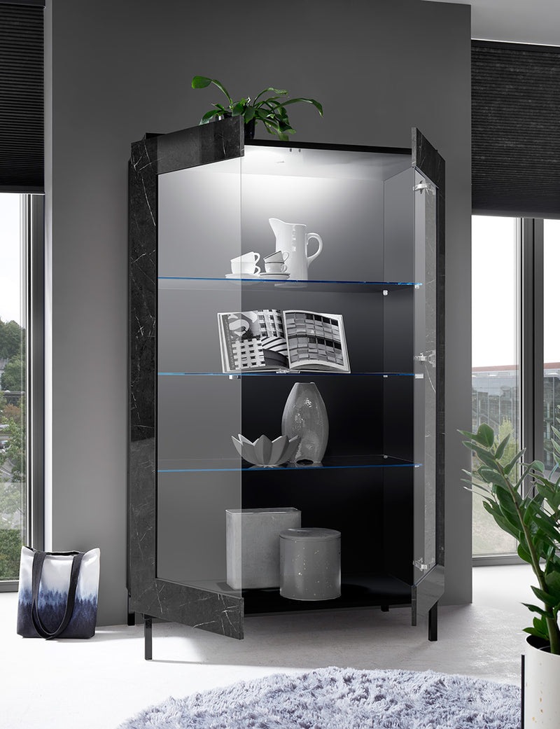 Lussoria - Vetrina design con 2 ante finitura marmo lucido laccato cm 106x50x178h
