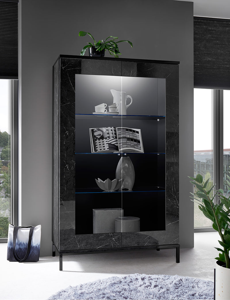 Lussoria - Vetrina design con 2 ante finitura marmo lucido laccato cm 106x50x178h