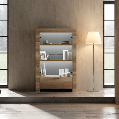 Revel - Vetrina 2 ante con cassetto in legno rovere cm 102x43x158h - vari colori