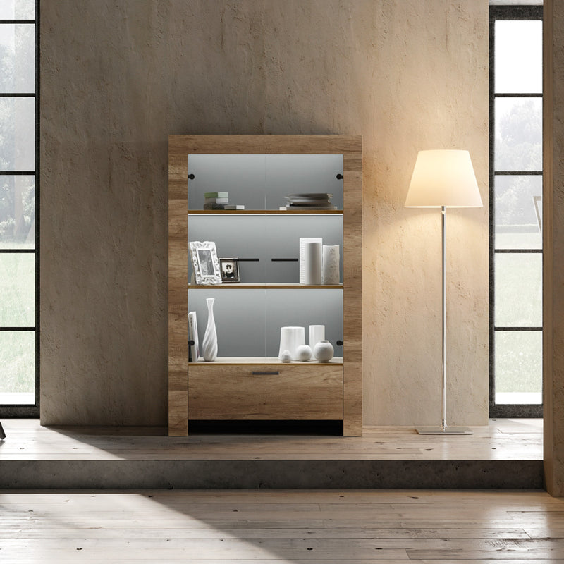 Revel - Vetrina 2 ante con cassetto in legno rovere cm 102x43x158h - vari colori
