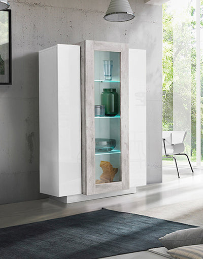 mobile vetrina 3 ante in legno bianco lucido e cemento